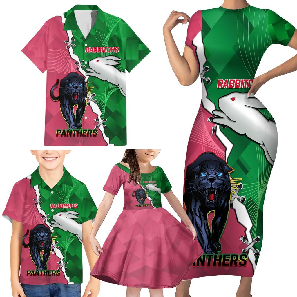 Personalised Panthers And Rabbitohs Rugby Family Matching Short Sleeve Bodycon Dress and Hawaiian Shirt 2024 Souths The Riff Together