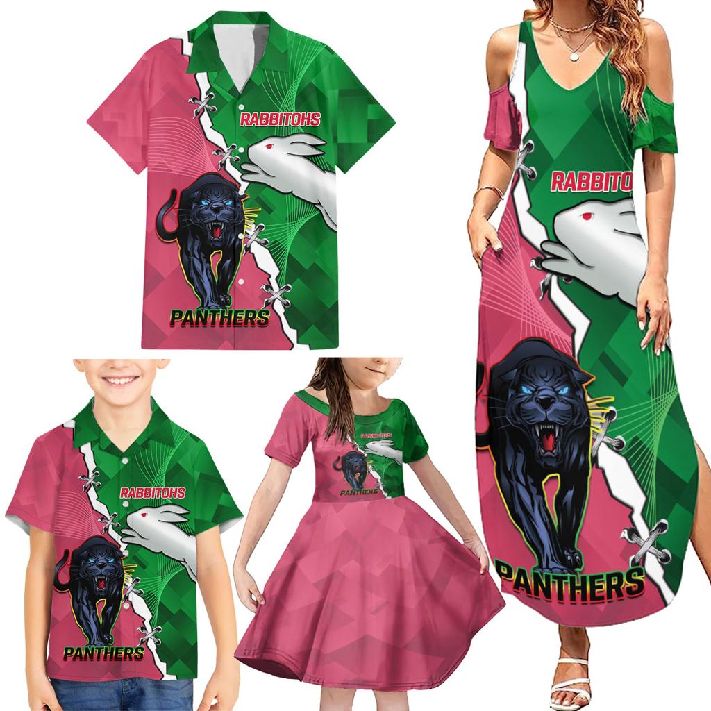 Personalised Panthers And Rabbitohs Rugby Family Matching Summer Maxi Dress and Hawaiian Shirt 2024 Souths The Riff Together