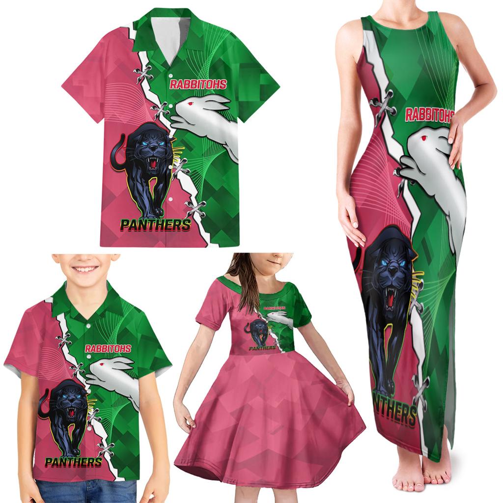 Personalised Panthers And Rabbitohs Rugby Family Matching Tank Maxi Dress and Hawaiian Shirt 2024 Souths The Riff Together