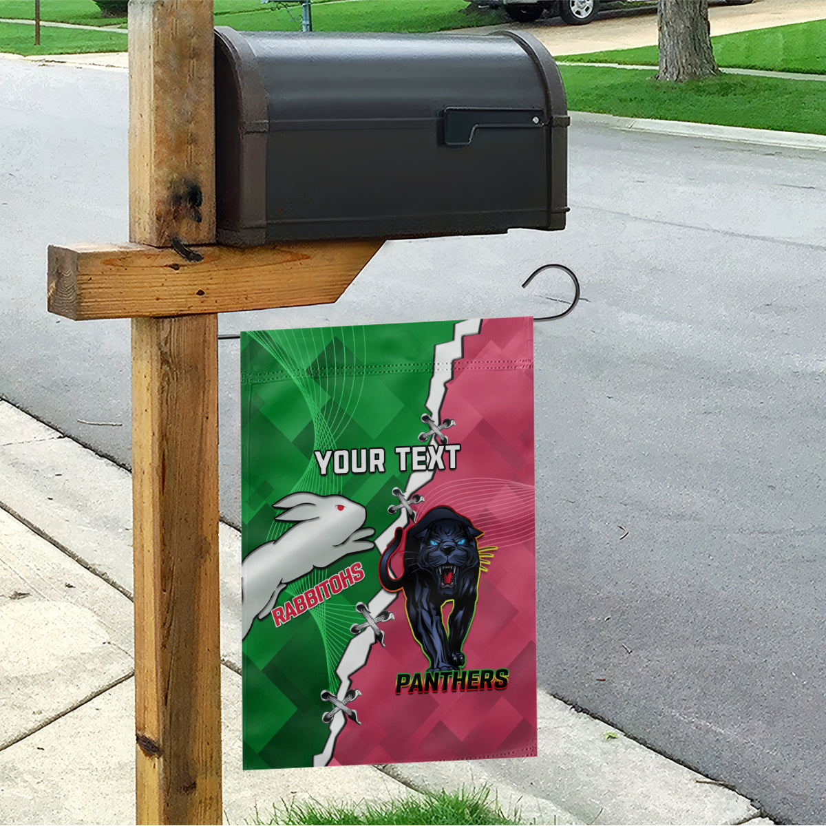 Personalised Panthers And Rabbitohs Rugby Garden Flag 2024 Souths The Riff Together