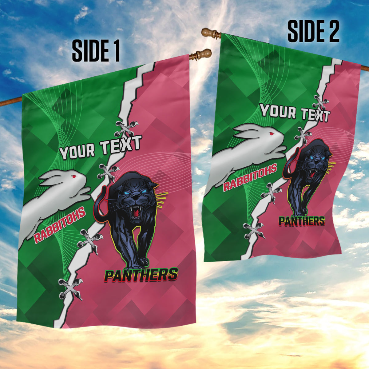 Personalised Panthers And Rabbitohs Rugby Garden Flag 2024 Souths The Riff Together