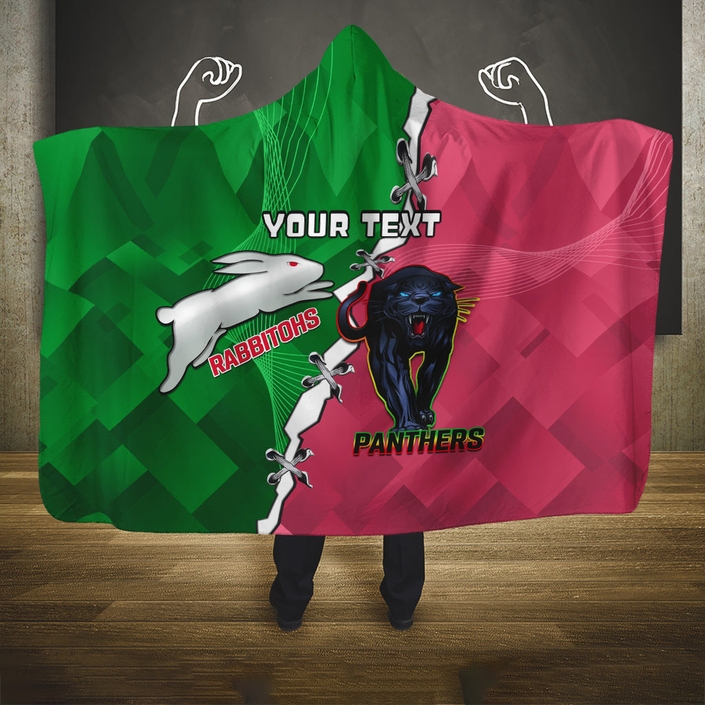 Personalised Panthers And Rabbitohs Rugby Hooded Blanket 2024 Souths The Riff Together