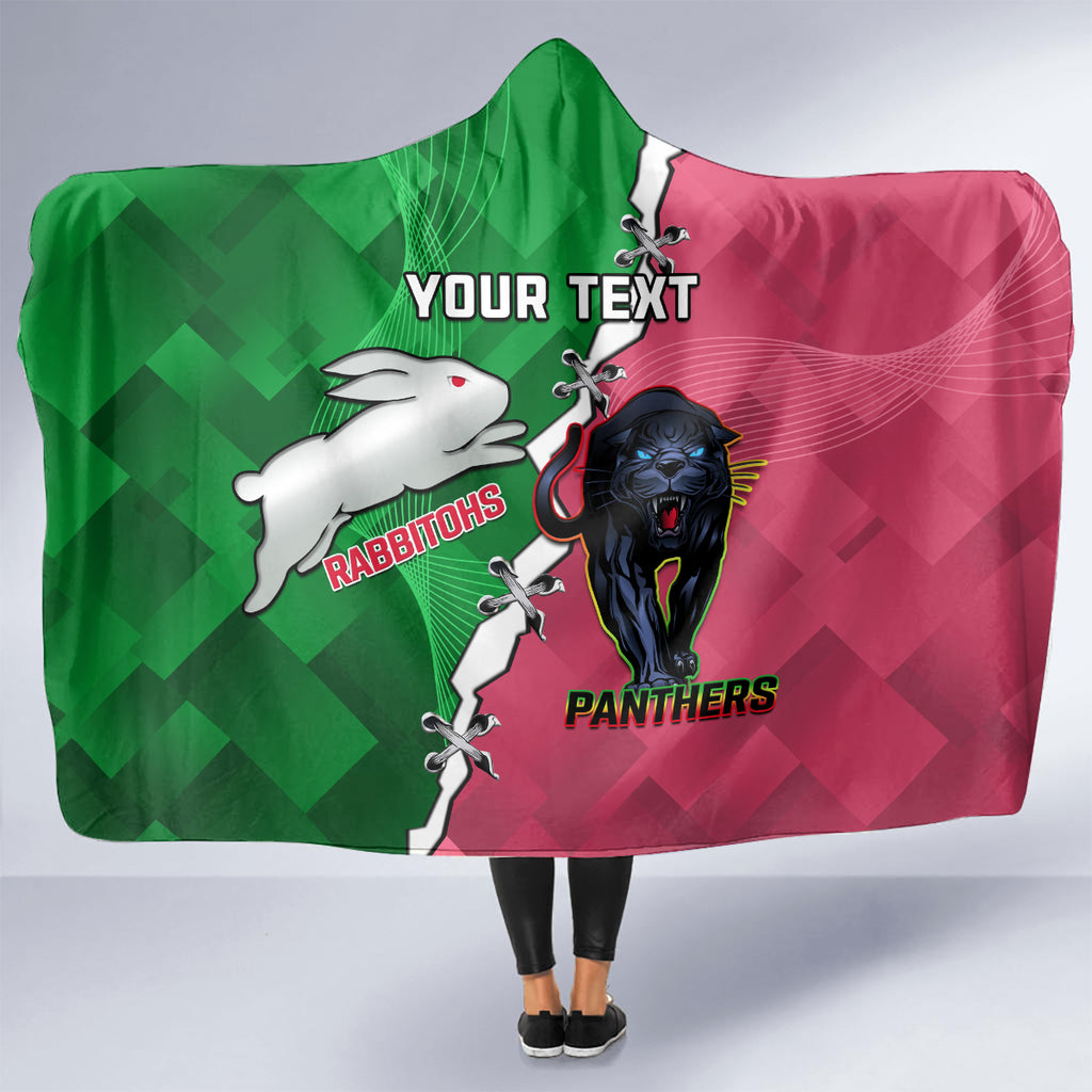 Personalised Panthers And Rabbitohs Rugby Hooded Blanket 2024 Souths The Riff Together