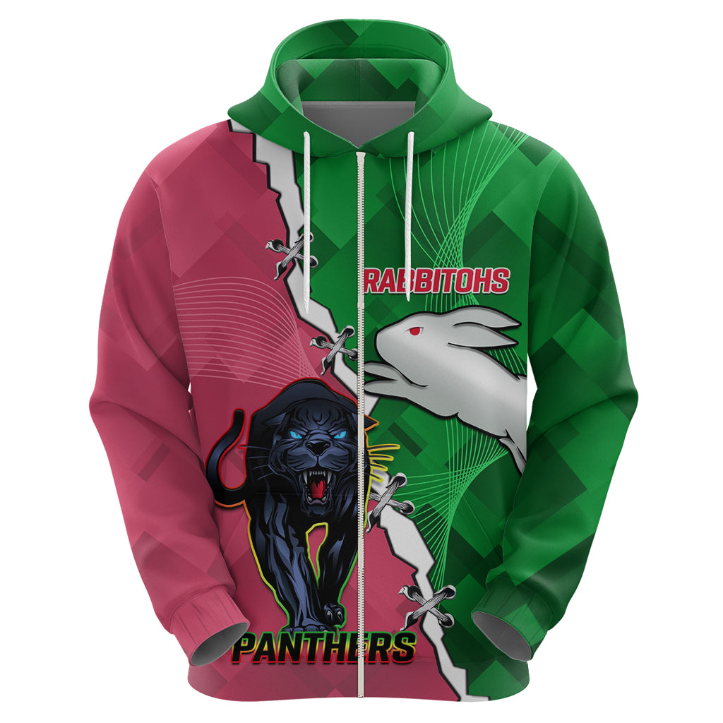 Personalised Panthers And Rabbitohs Rugby Hoodie 2024 Souths The Riff Together