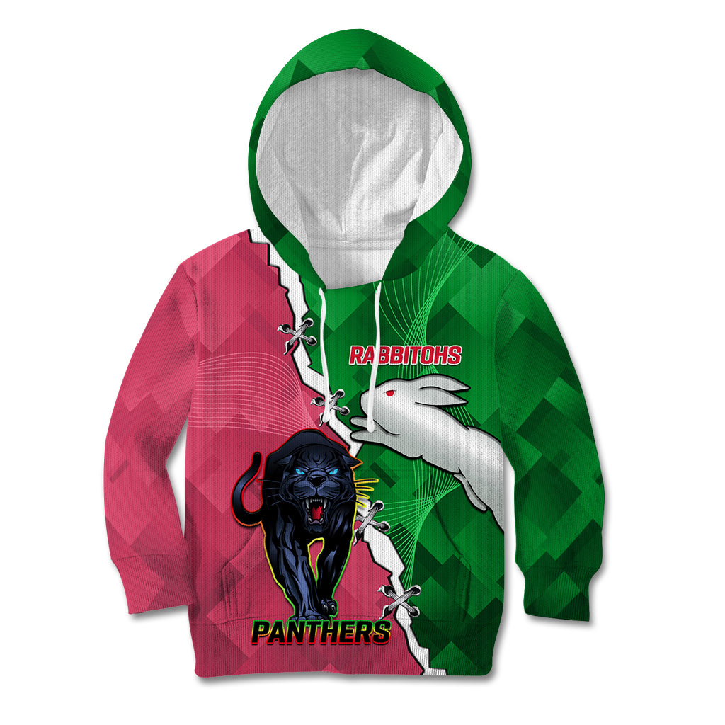 Personalised Panthers And Rabbitohs Rugby Kid Hoodie 2024 Souths The Riff Together