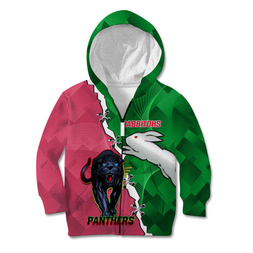 Personalised Panthers And Rabbitohs Rugby Kid Hoodie 2024 Souths The Riff Together