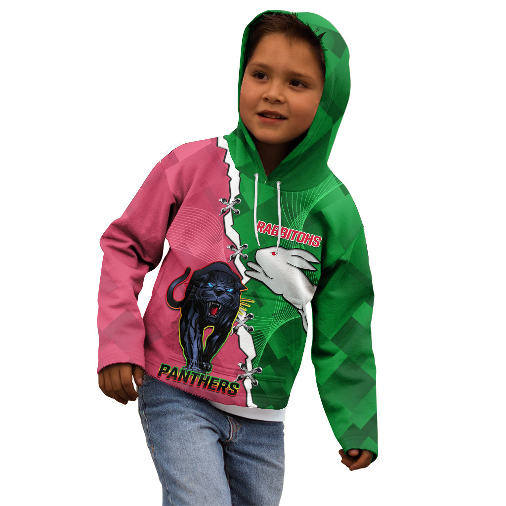 Personalised Panthers And Rabbitohs Rugby Kid Hoodie 2024 Souths The Riff Together