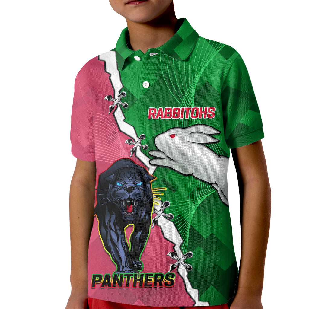 Personalised Panthers And Rabbitohs Rugby Kid Polo Shirt 2024 Souths The Riff Together