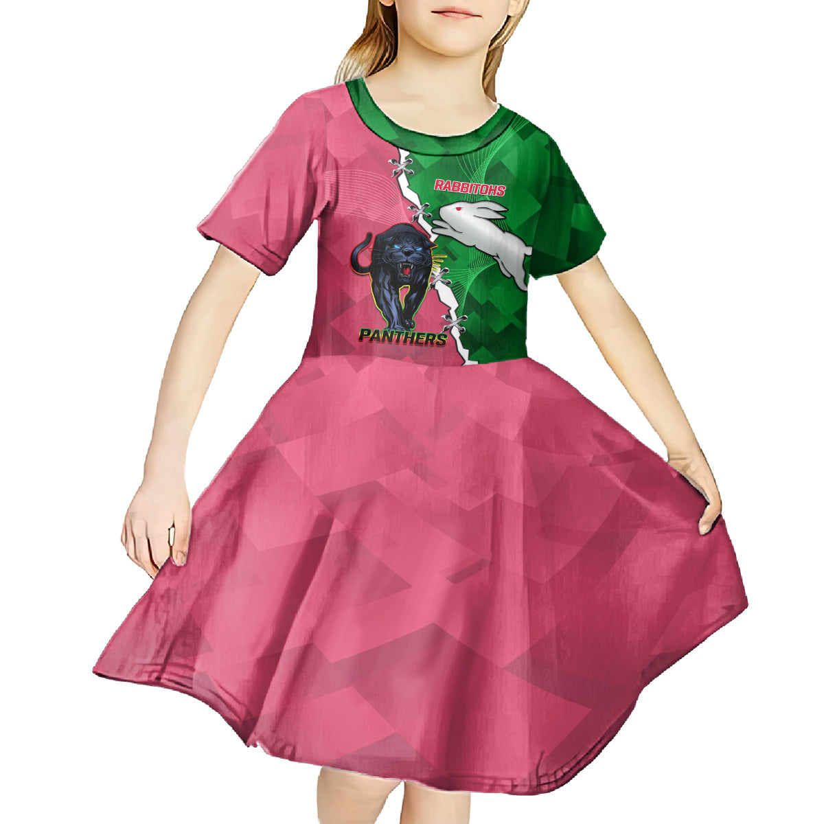 Personalised Panthers And Rabbitohs Rugby Kid Short Sleeve Dress 2024 Souths The Riff Together