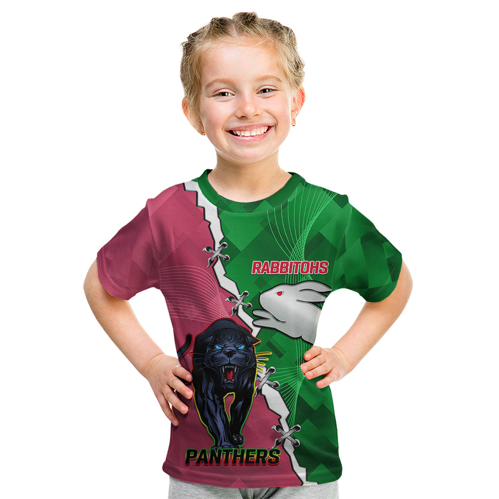 Personalised Panthers And Rabbitohs Rugby Kid T Shirt 2024 Souths The Riff Together
