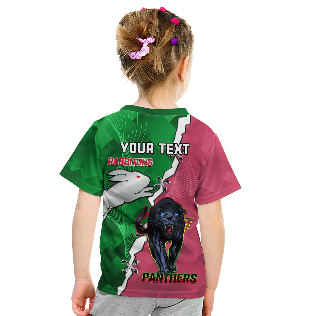 Personalised Panthers And Rabbitohs Rugby Kid T Shirt 2024 Souths The Riff Together