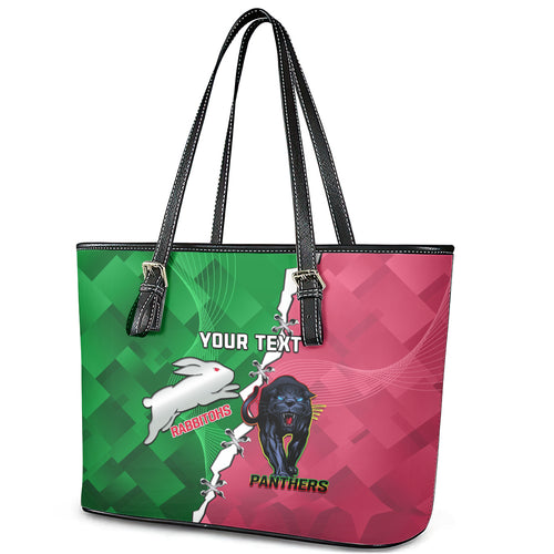 Personalised Panthers And Rabbitohs Rugby Leather Tote Bag 2024 Souths The Riff Together