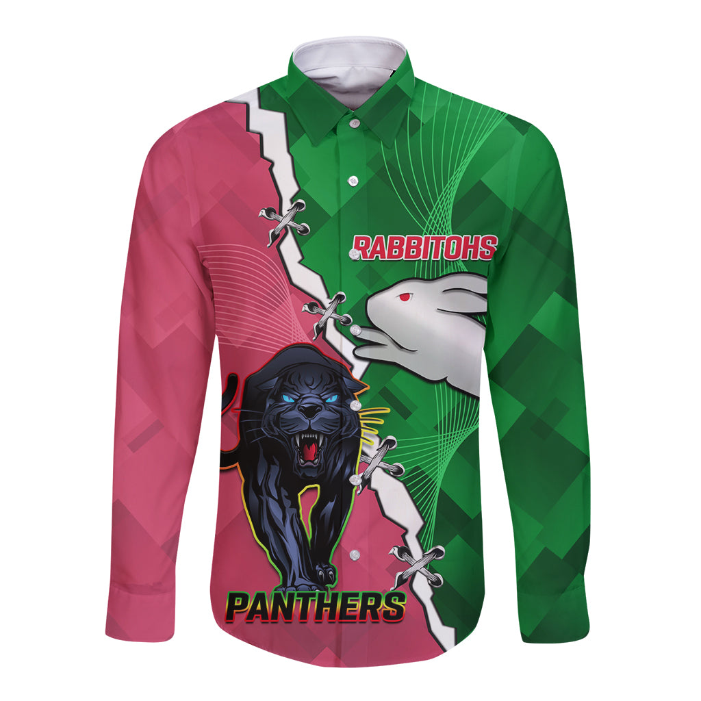 Personalised Panthers And Rabbitohs Rugby Long Sleeve Button Shirt 2024 Souths The Riff Together