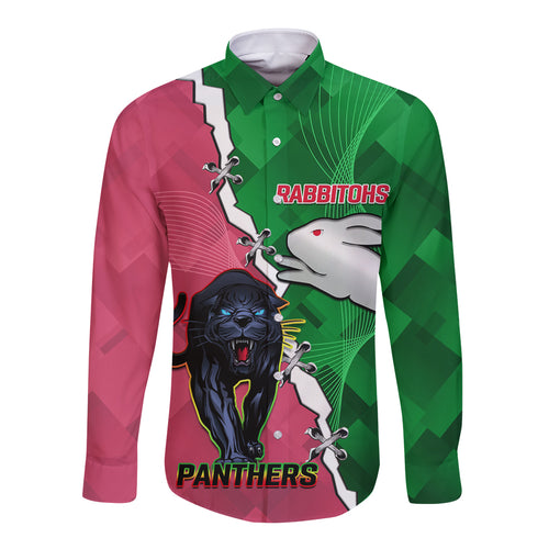 Personalised Panthers And Rabbitohs Rugby Long Sleeve Button Shirt 2024 Souths The Riff Together