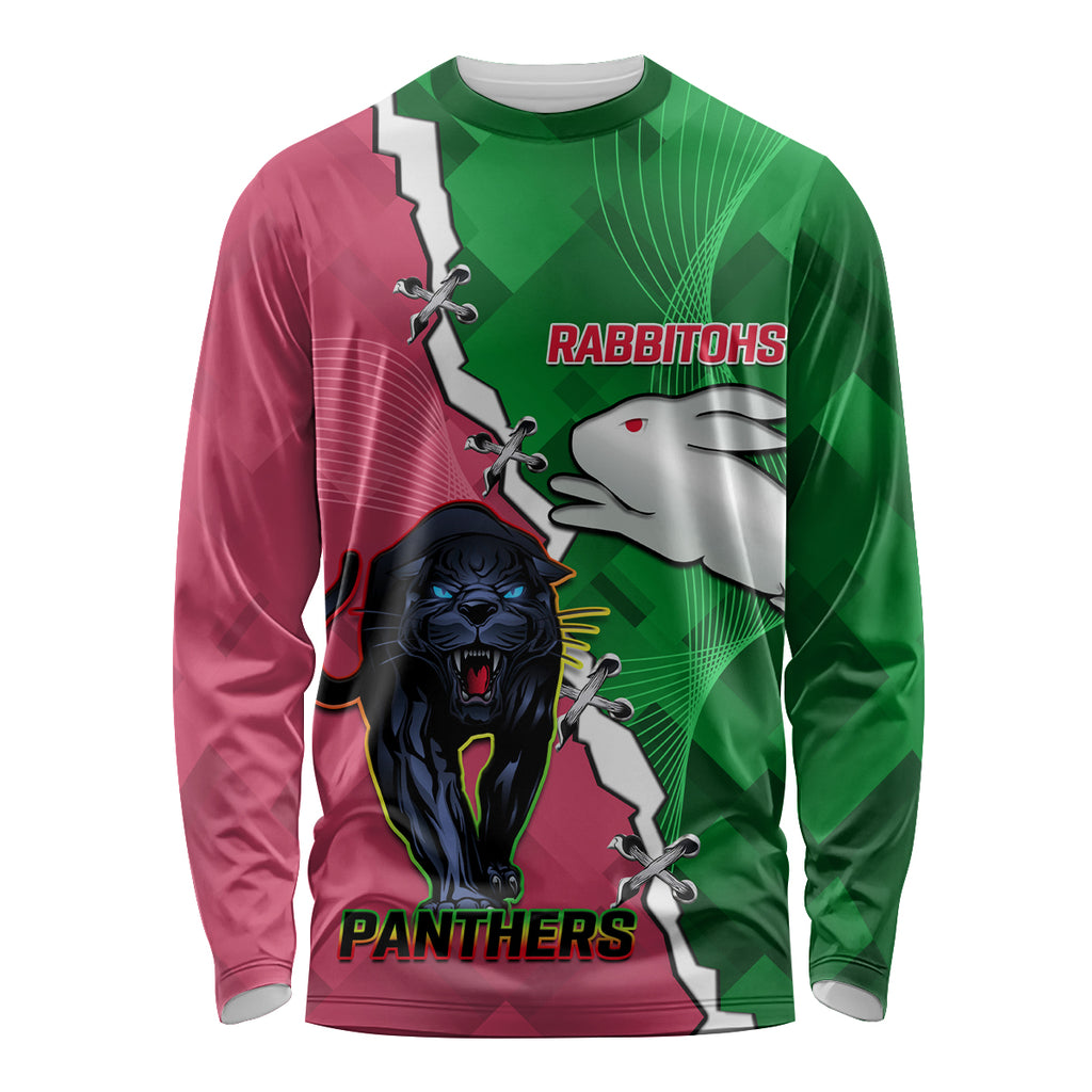 Personalised Panthers And Rabbitohs Rugby Long Sleeve Shirt 2024 Souths The Riff Together