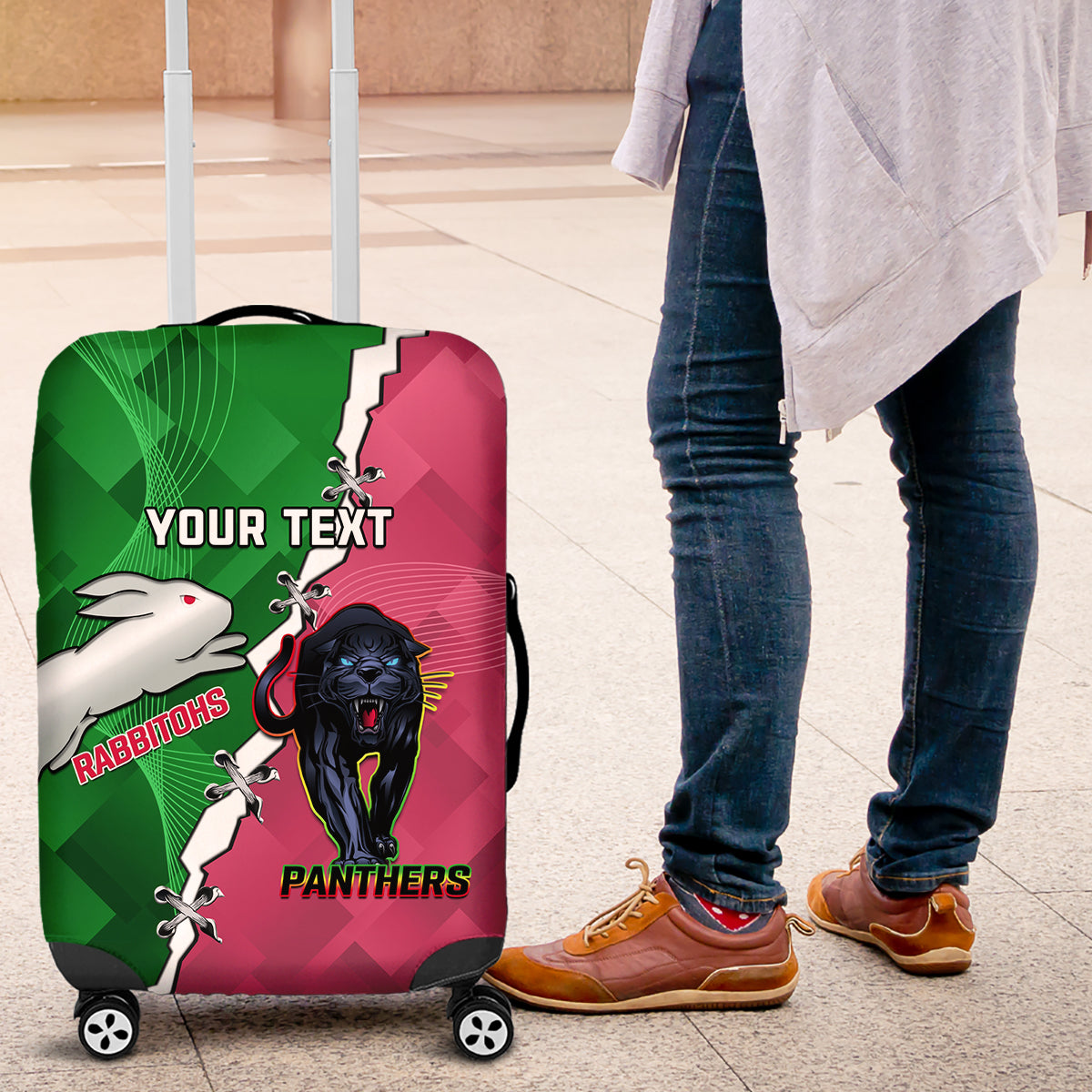Personalised Panthers And Rabbitohs Rugby Luggage Cover 2024 Souths The Riff Together