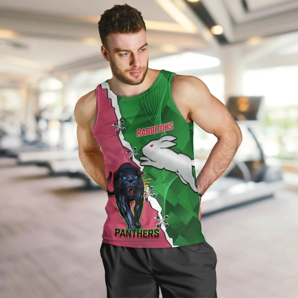 Personalised Panthers And Rabbitohs Rugby Men Tank Top 2024 Souths The Riff Together