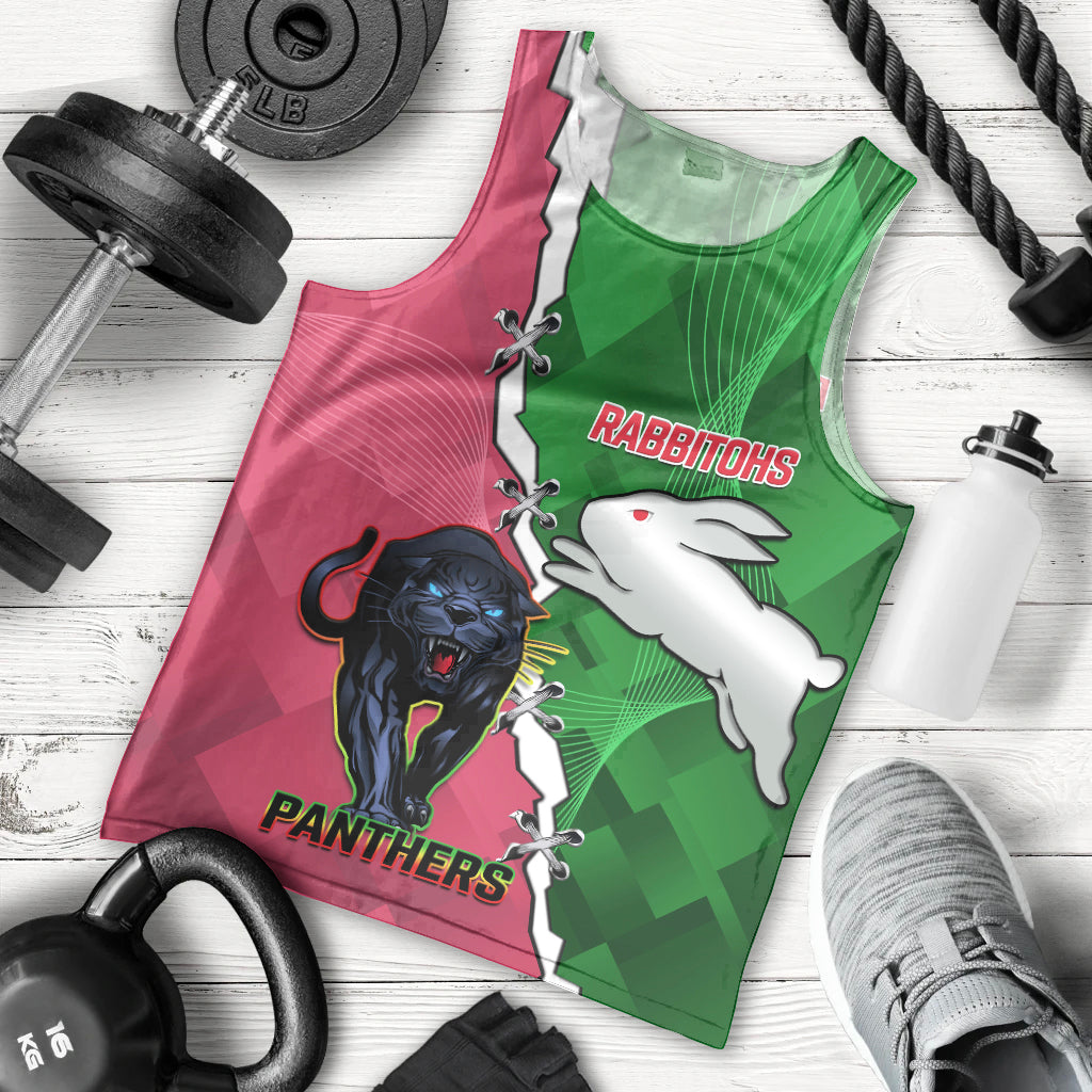 Personalised Panthers And Rabbitohs Rugby Men Tank Top 2024 Souths The Riff Together