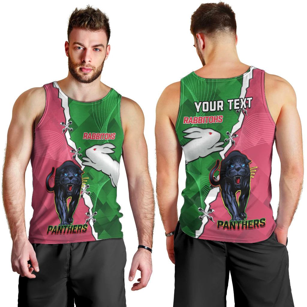 Personalised Panthers And Rabbitohs Rugby Men Tank Top 2024 Souths The Riff Together