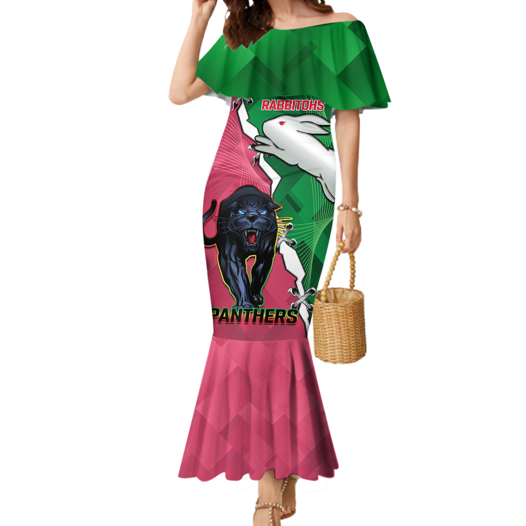 Personalised Panthers And Rabbitohs Rugby Mermaid Dress 2024 Souths The Riff Together