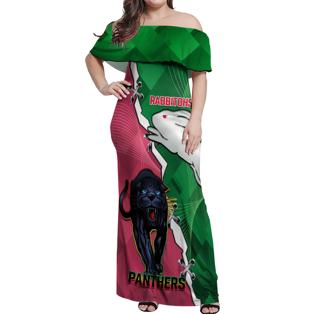 Personalised Panthers And Rabbitohs Rugby Off Shoulder Maxi Dress 2024 Souths The Riff Together