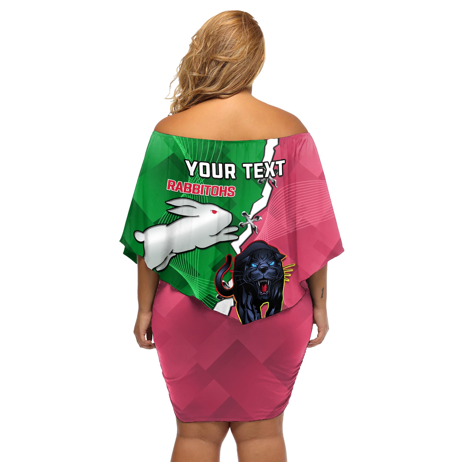 Personalised Panthers And Rabbitohs Rugby Off Shoulder Short Dress 2024 Souths The Riff Together