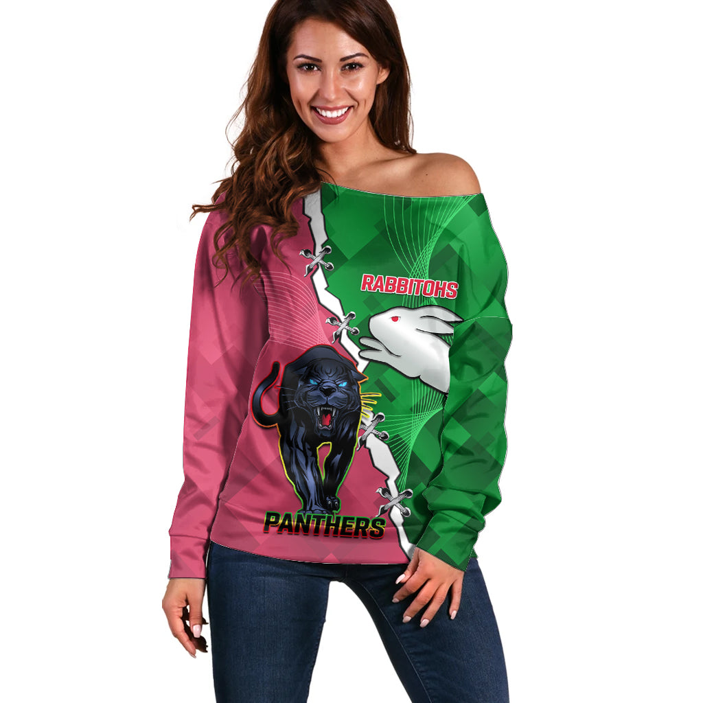 Personalised Panthers And Rabbitohs Rugby Off Shoulder Sweater 2024 Souths The Riff Together