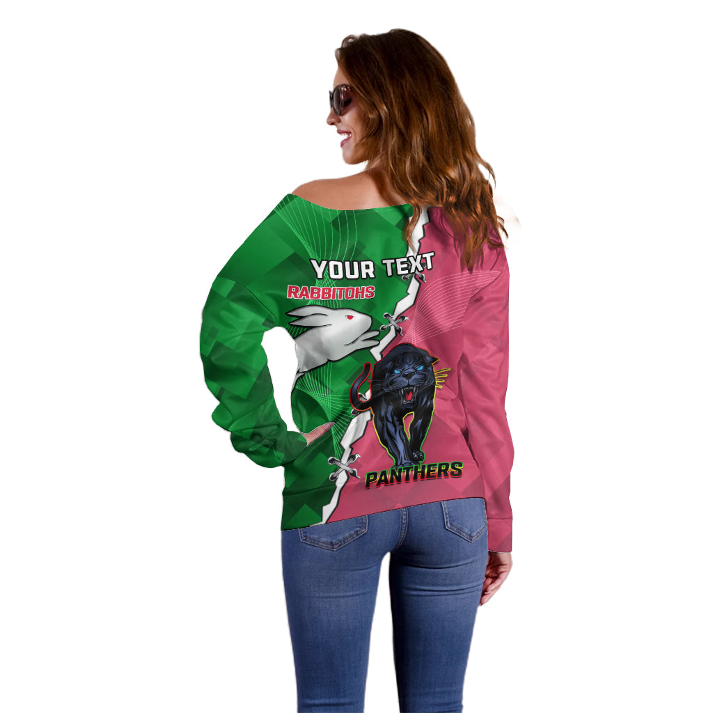 Personalised Panthers And Rabbitohs Rugby Off Shoulder Sweater 2024 Souths The Riff Together