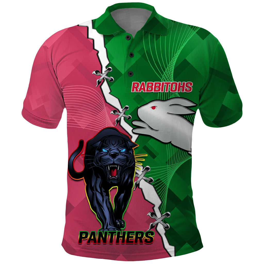 Personalised Panthers And Rabbitohs Rugby Polo Shirt 2024 Souths The Riff Together