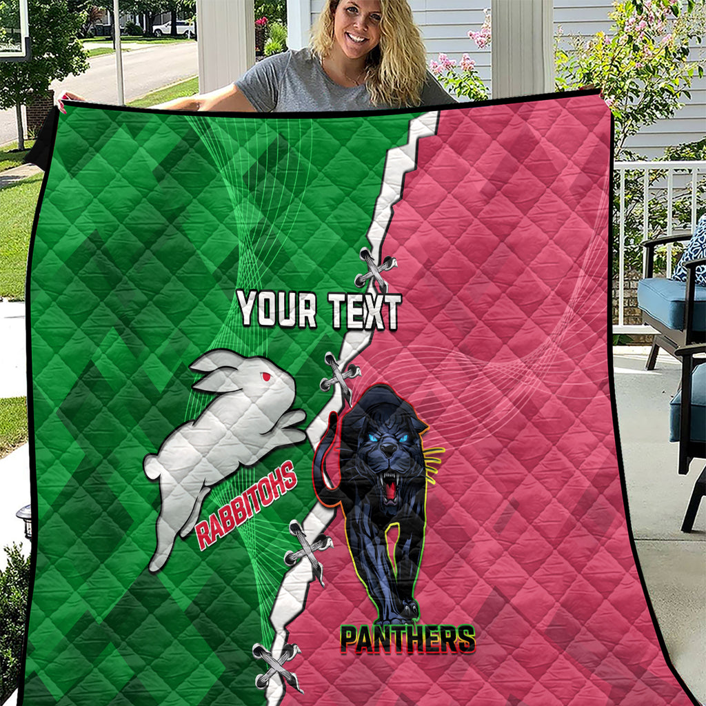 Personalised Panthers And Rabbitohs Rugby Quilt 2024 Souths The Riff Together