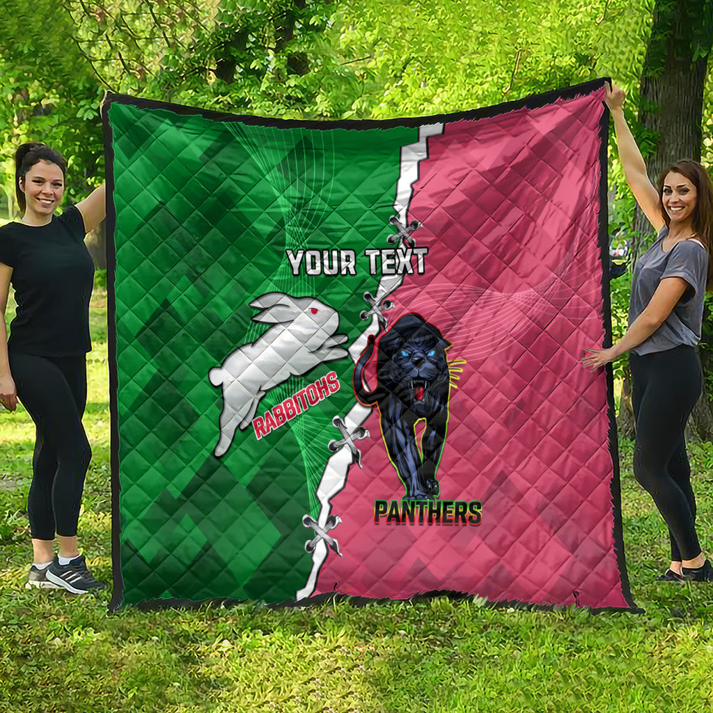 Personalised Panthers And Rabbitohs Rugby Quilt 2024 Souths The Riff Together