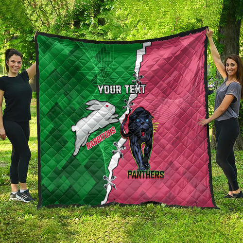 Personalised Panthers And Rabbitohs Rugby Quilt 2024 Souths The Riff Together