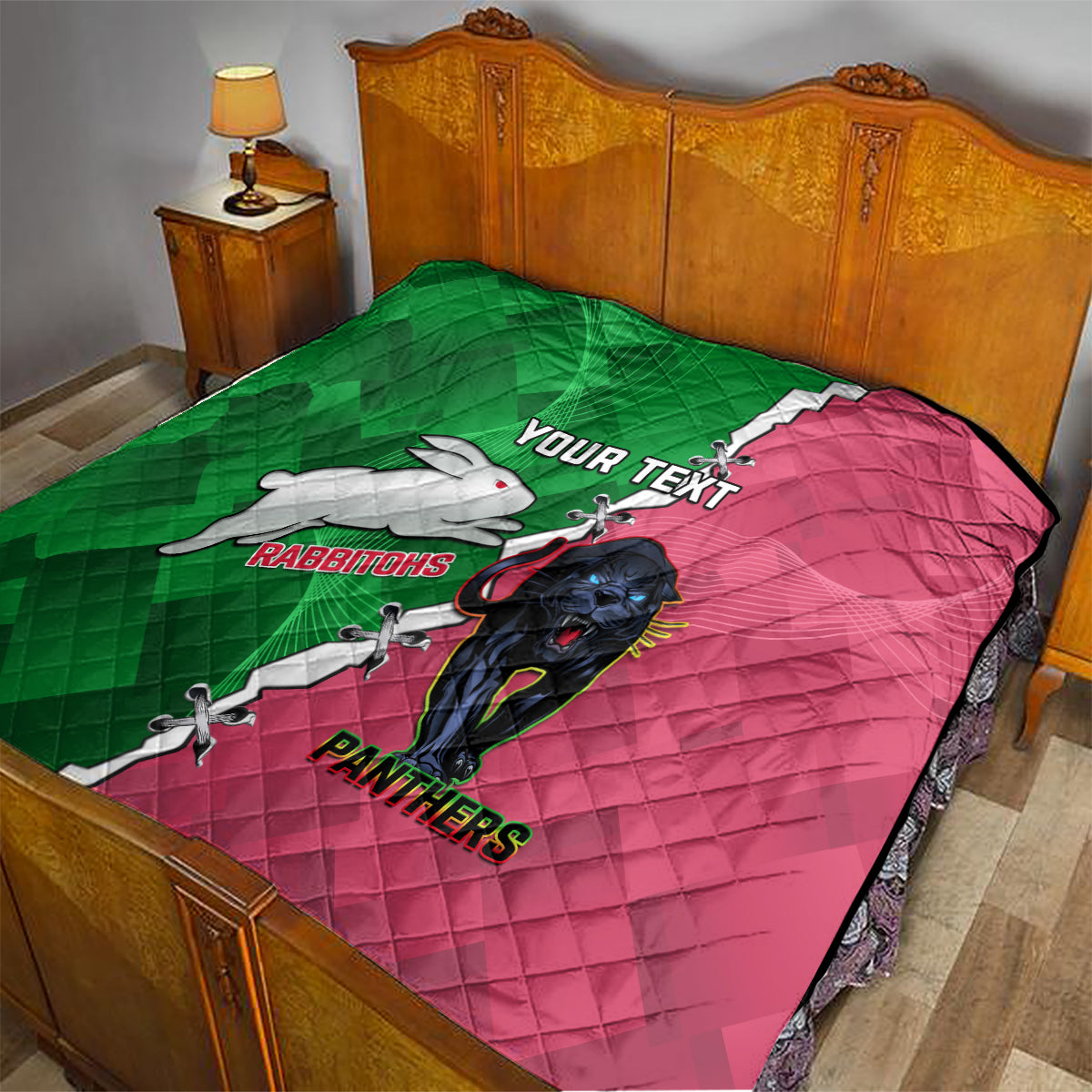 Personalised Panthers And Rabbitohs Rugby Quilt 2024 Souths The Riff Together