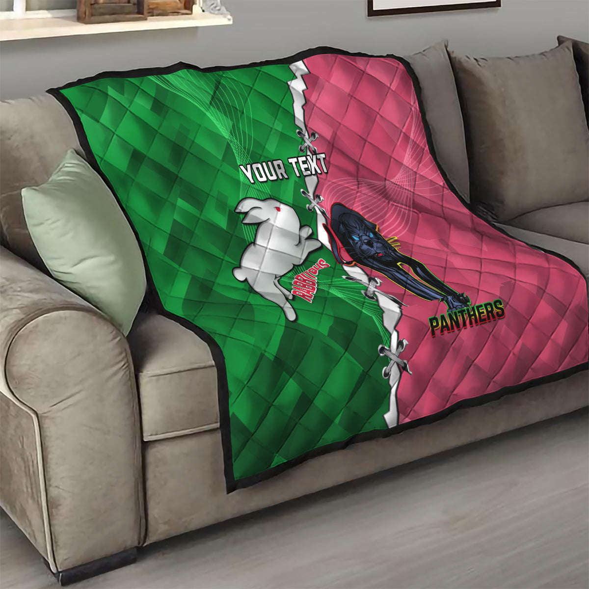 Personalised Panthers And Rabbitohs Rugby Quilt 2024 Souths The Riff Together