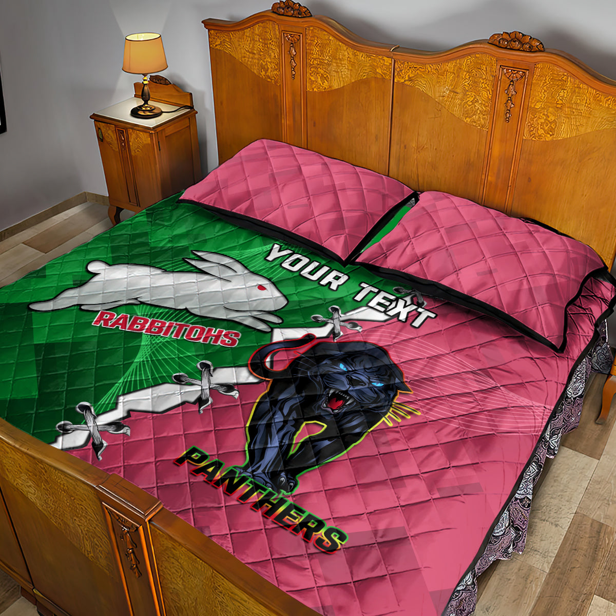 Personalised Panthers And Rabbitohs Rugby Quilt Bed Set 2024 Souths The Riff Together