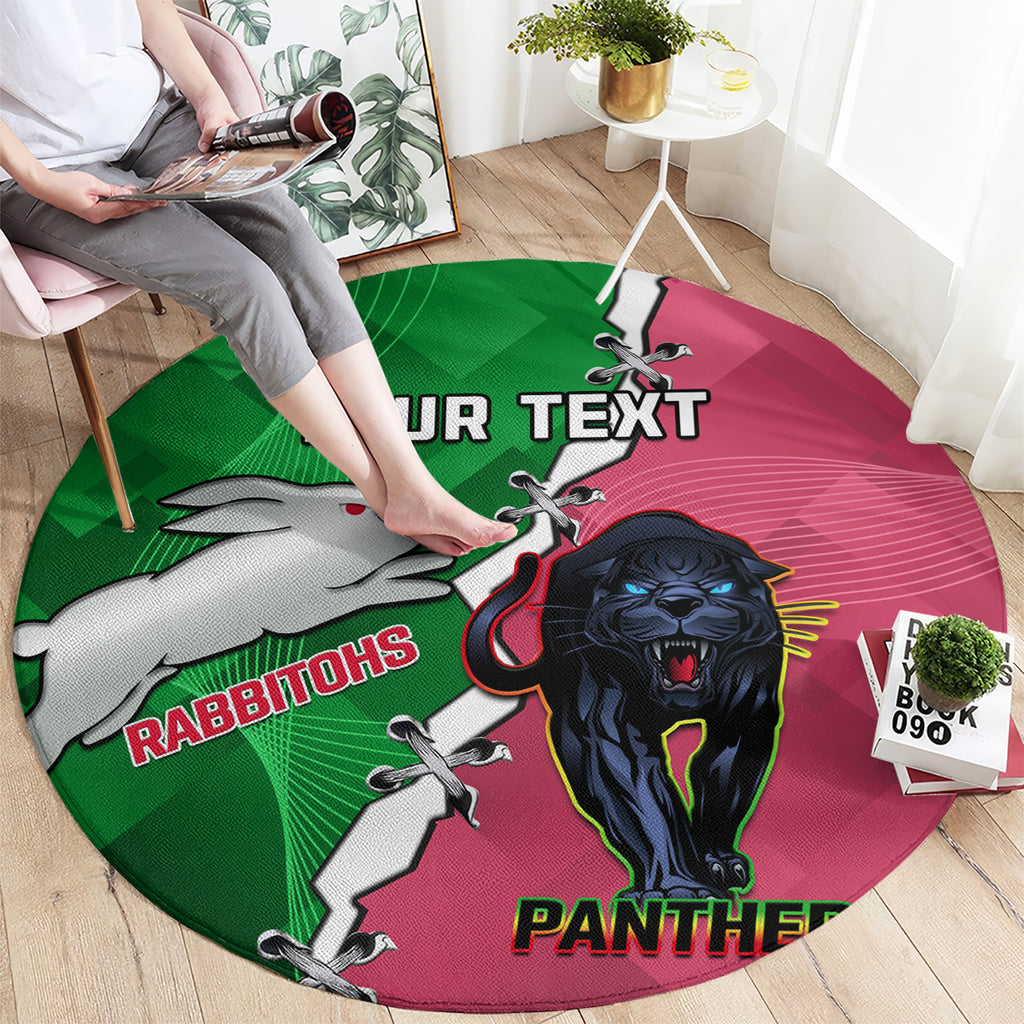 Personalised Panthers And Rabbitohs Rugby Round Carpet 2024 Souths The Riff Together