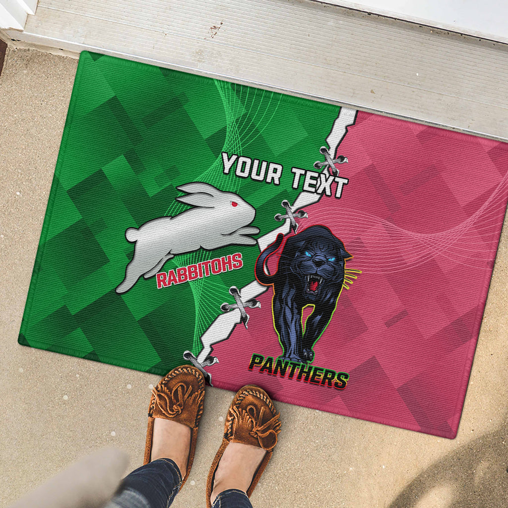 Personalised Panthers And Rabbitohs Rugby Rubber Doormat 2024 Souths The Riff Together