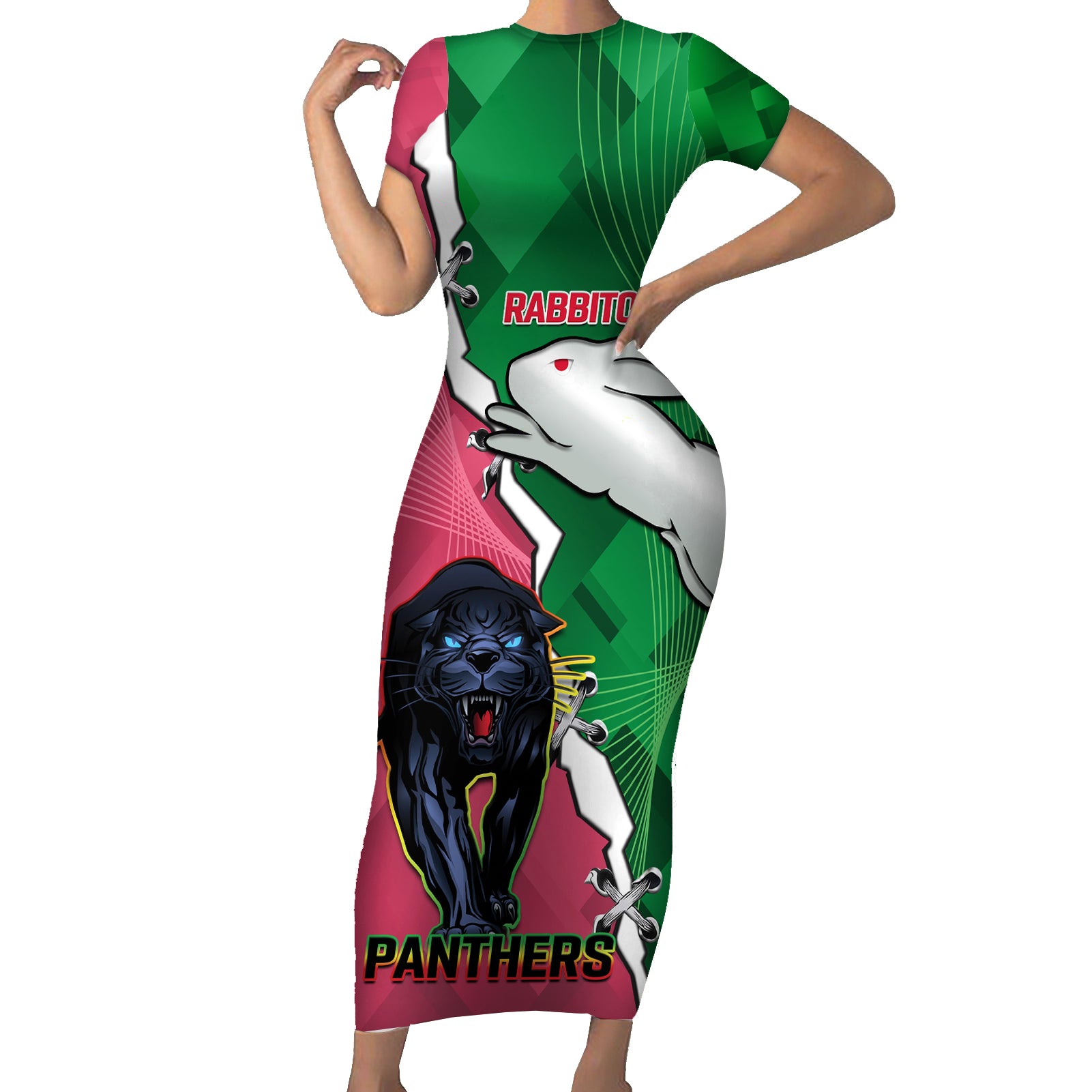 Personalised Panthers And Rabbitohs Rugby Short Sleeve Bodycon Dress 2024 Souths The Riff Together