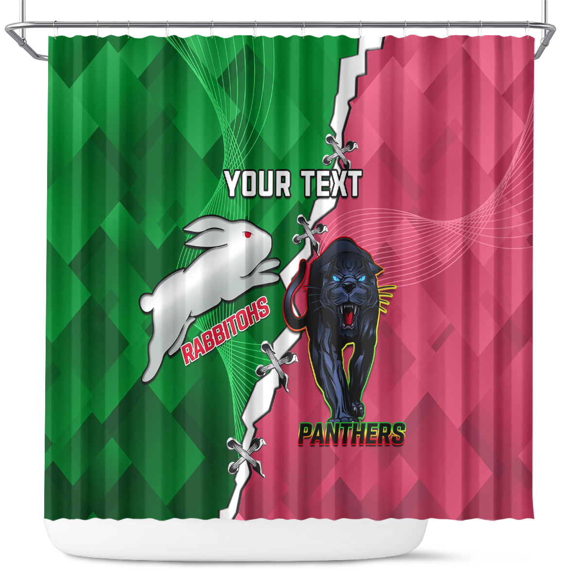 Personalised Panthers And Rabbitohs Rugby Shower Curtain 2024 Souths The Riff Together