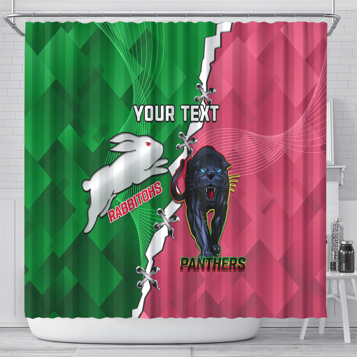 Personalised Panthers And Rabbitohs Rugby Shower Curtain 2024 Souths The Riff Together