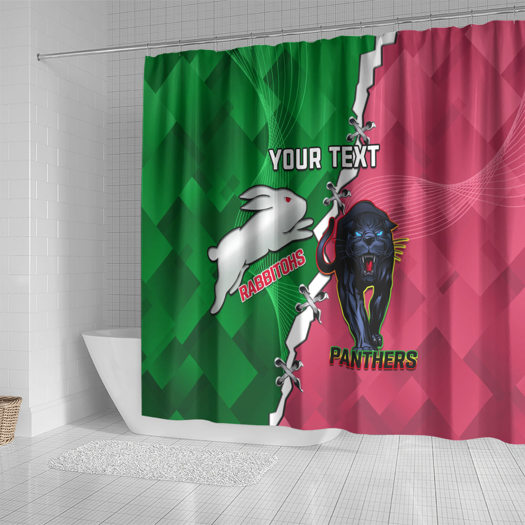 Personalised Panthers And Rabbitohs Rugby Shower Curtain 2024 Souths The Riff Together