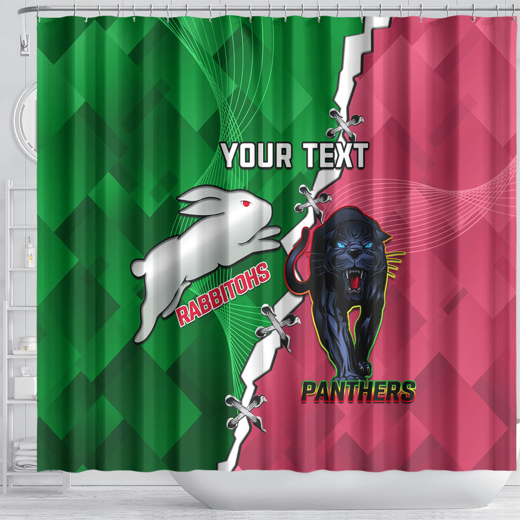 Personalised Panthers And Rabbitohs Rugby Shower Curtain 2024 Souths The Riff Together