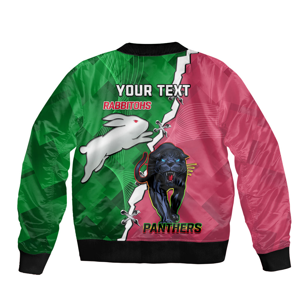 Personalised Panthers And Rabbitohs Rugby Sleeve Zip Bomber Jacket 2024 Souths The Riff Together