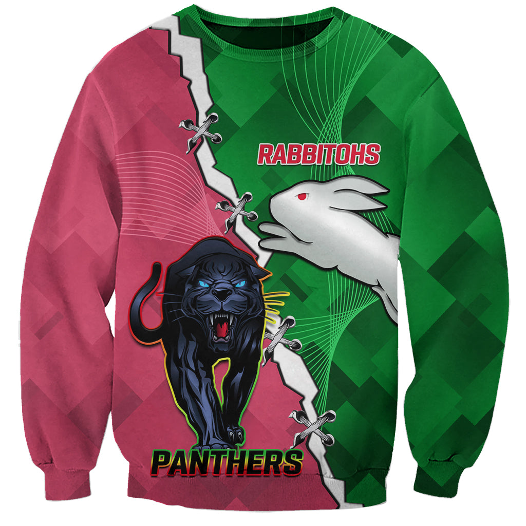 Personalised Panthers And Rabbitohs Rugby Sweatshirt 2024 Souths The Riff Together