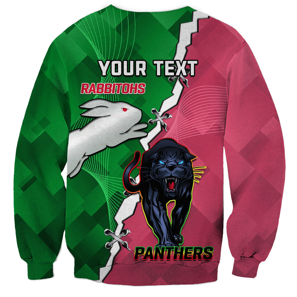 Personalised Panthers And Rabbitohs Rugby Sweatshirt 2024 Souths The Riff Together