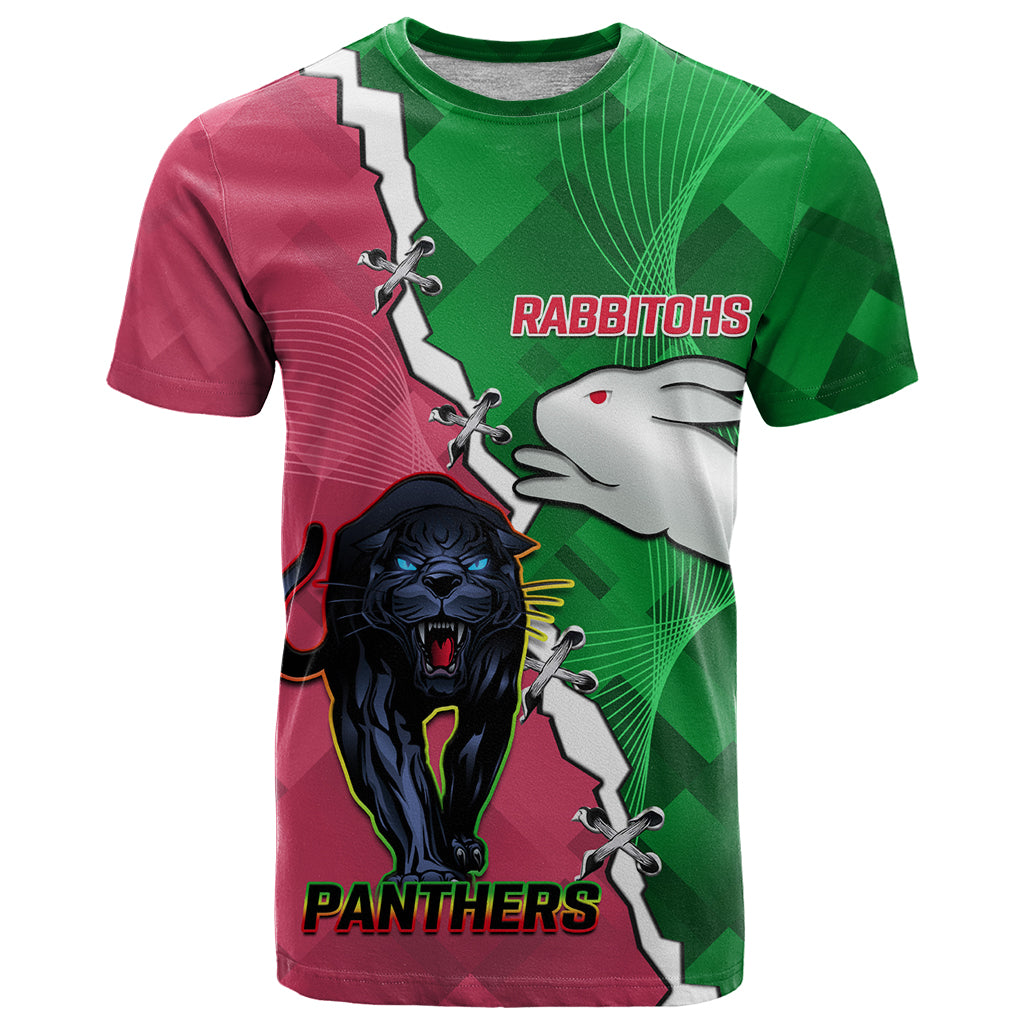 Personalised Panthers And Rabbitohs Rugby T Shirt 2024 Souths The Riff Together