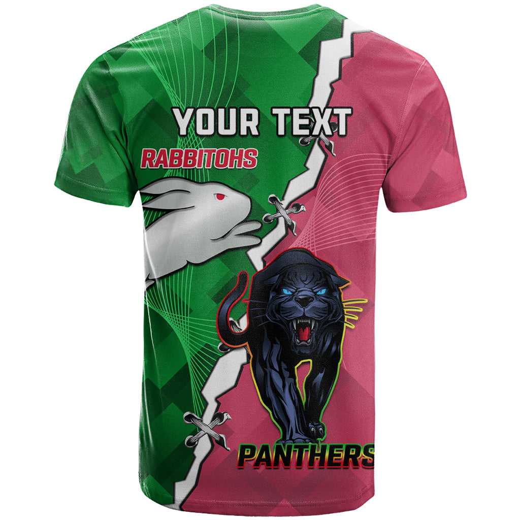 Personalised Panthers And Rabbitohs Rugby T Shirt 2024 Souths The Riff Together