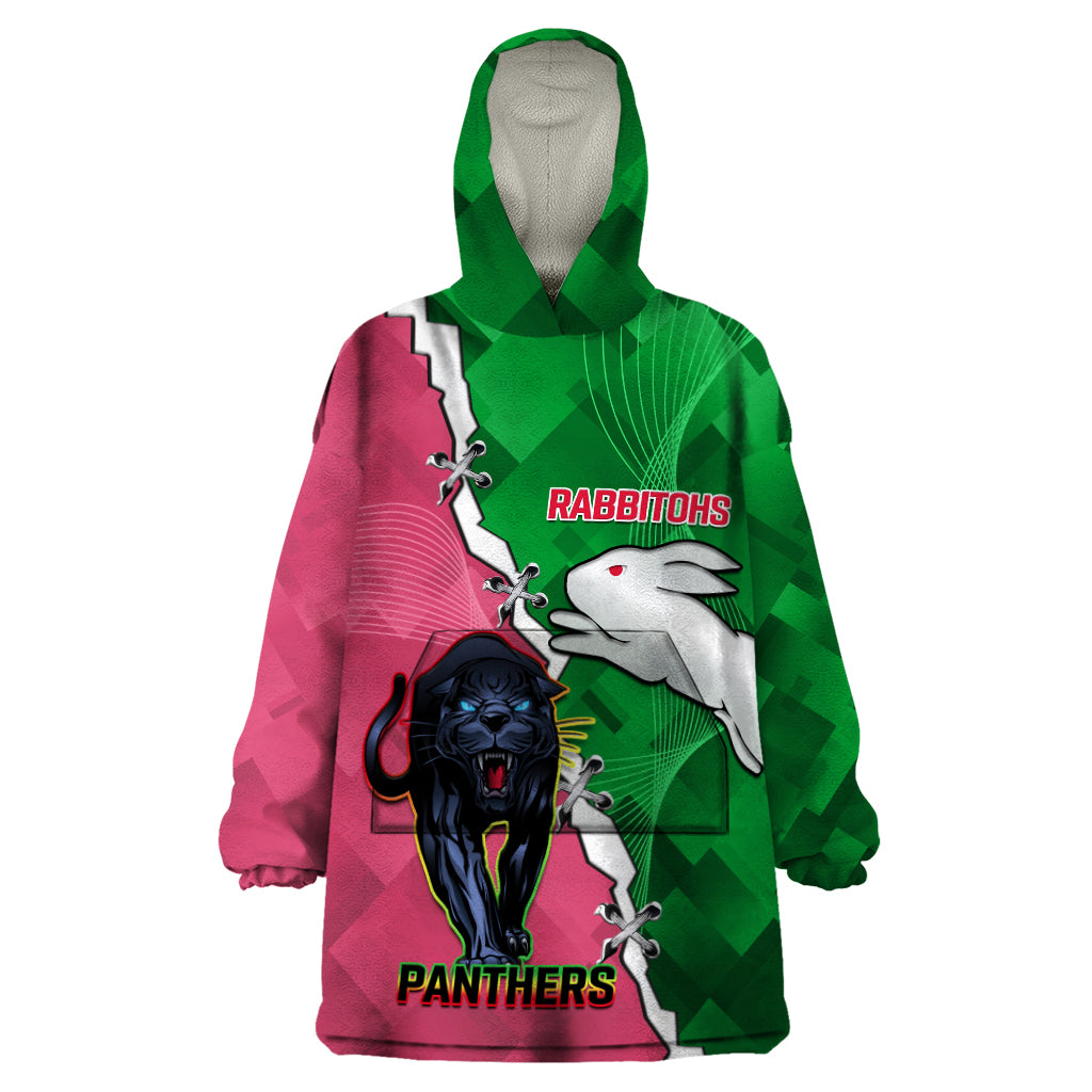 Personalised Panthers And Rabbitohs Rugby Wearable Blanket Hoodie 2024 Souths The Riff Together