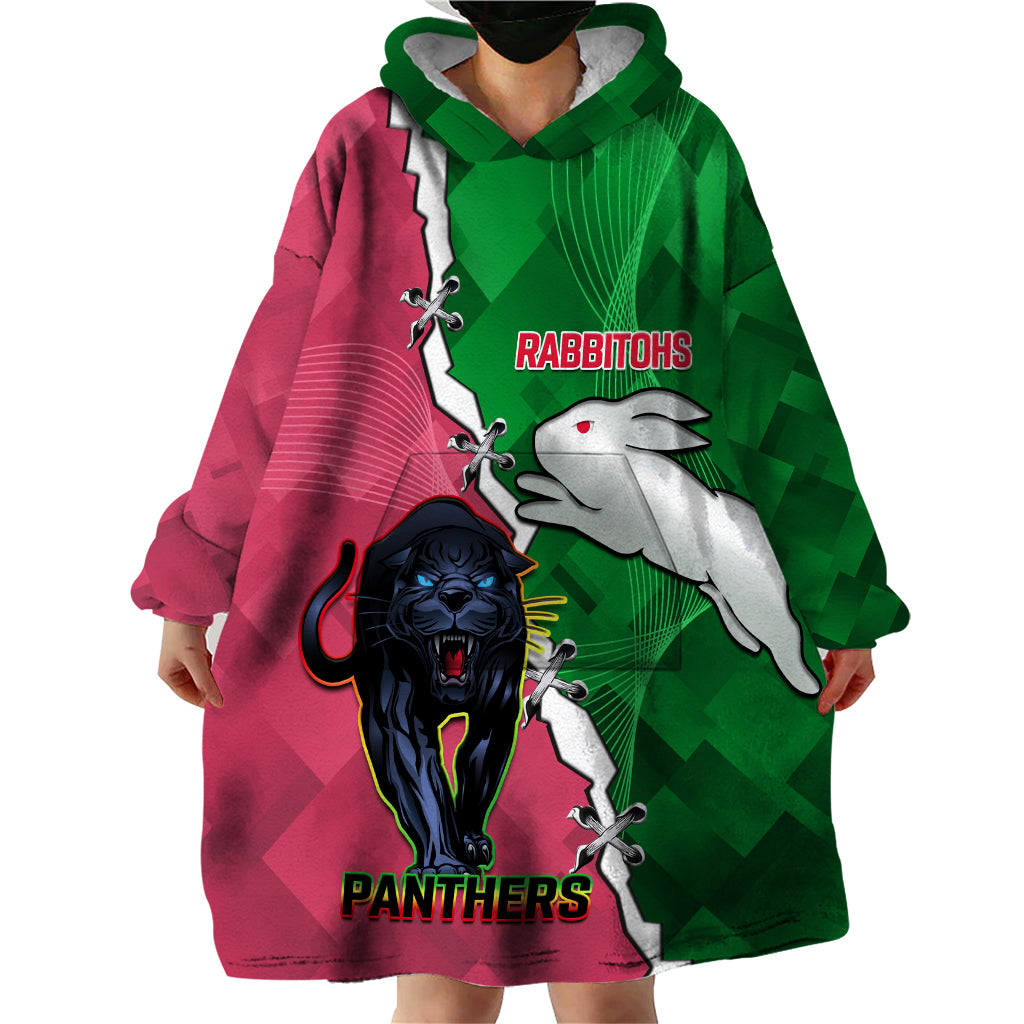 Personalised Panthers And Rabbitohs Rugby Wearable Blanket Hoodie 2024 Souths The Riff Together