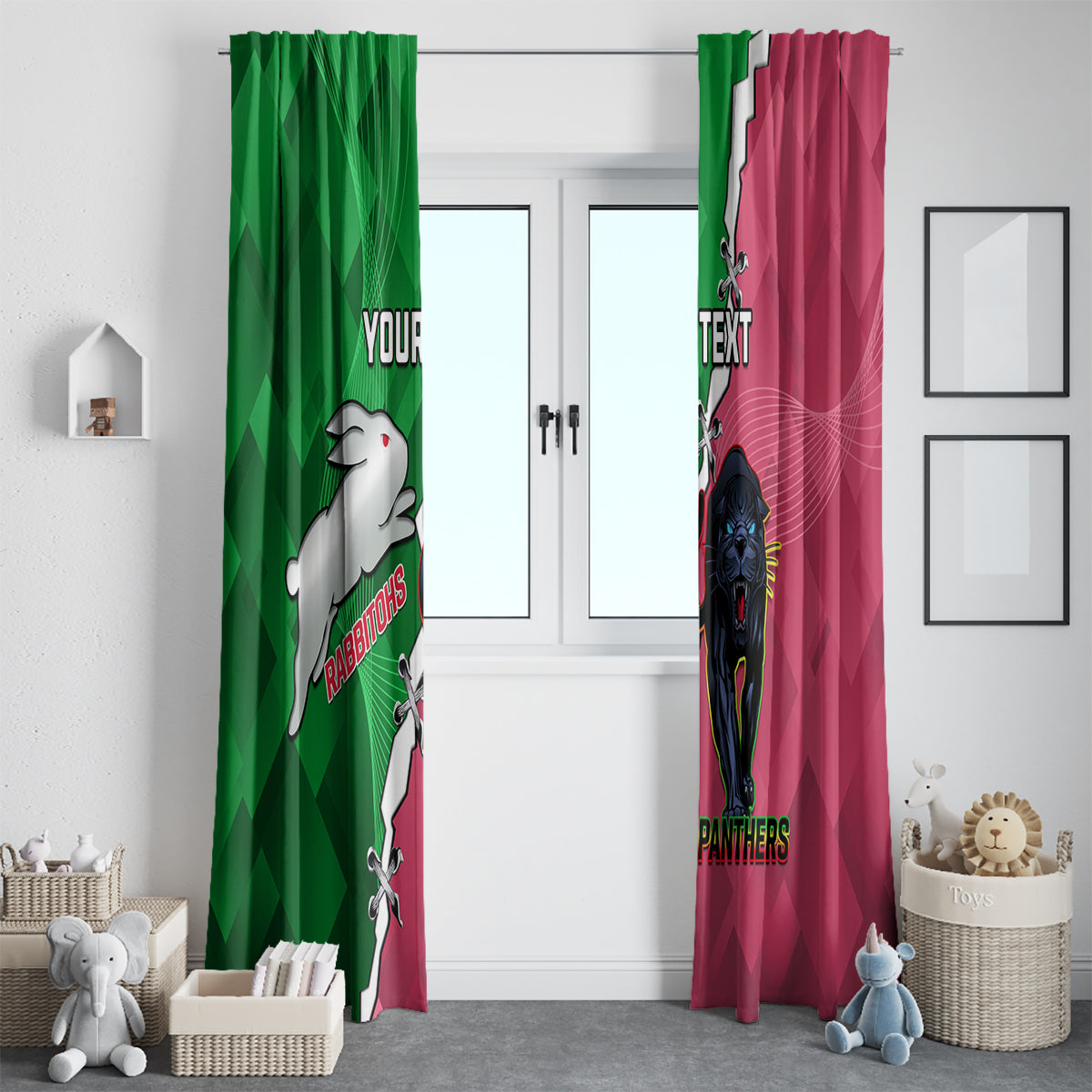 Personalised Panthers And Rabbitohs Rugby Window Curtain 2024 Souths The Riff Together